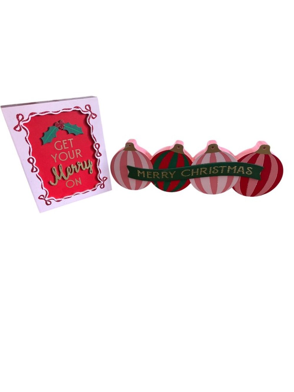 Get Your Merry On & Merry Christmas Wooden Signs Holiday Decor Red & Pink Stripe